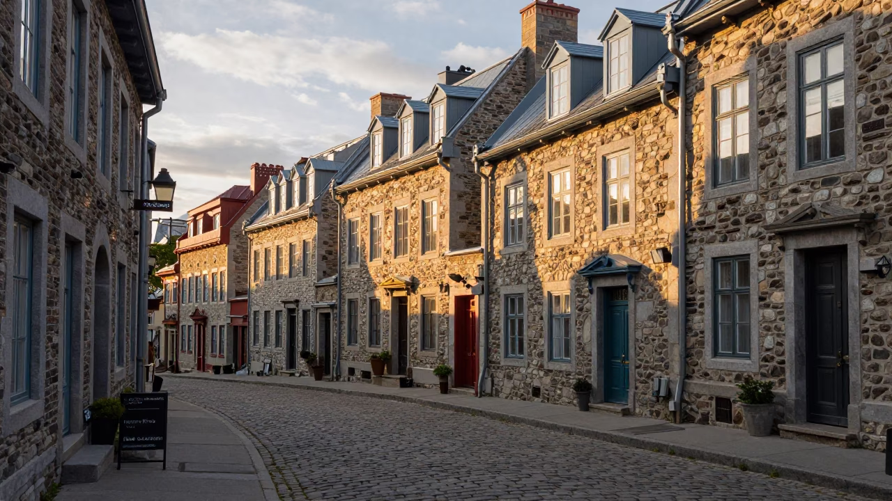 Quebec City Cobblestone Streets at The Late Afternoon Light in in Quebec City, Quebec, Canada