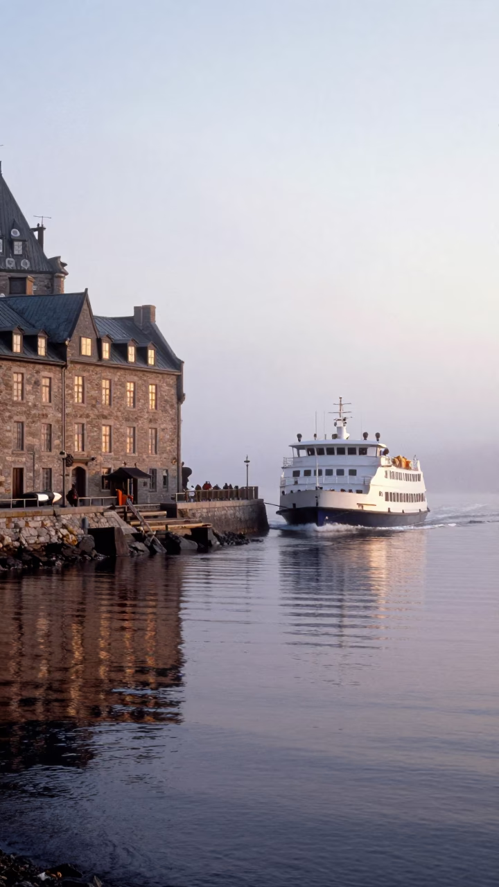 Quebec City Dawn Ferry Approach Misty Old Port Waterfront Reflections in in Quebec City, Quebec, Canada