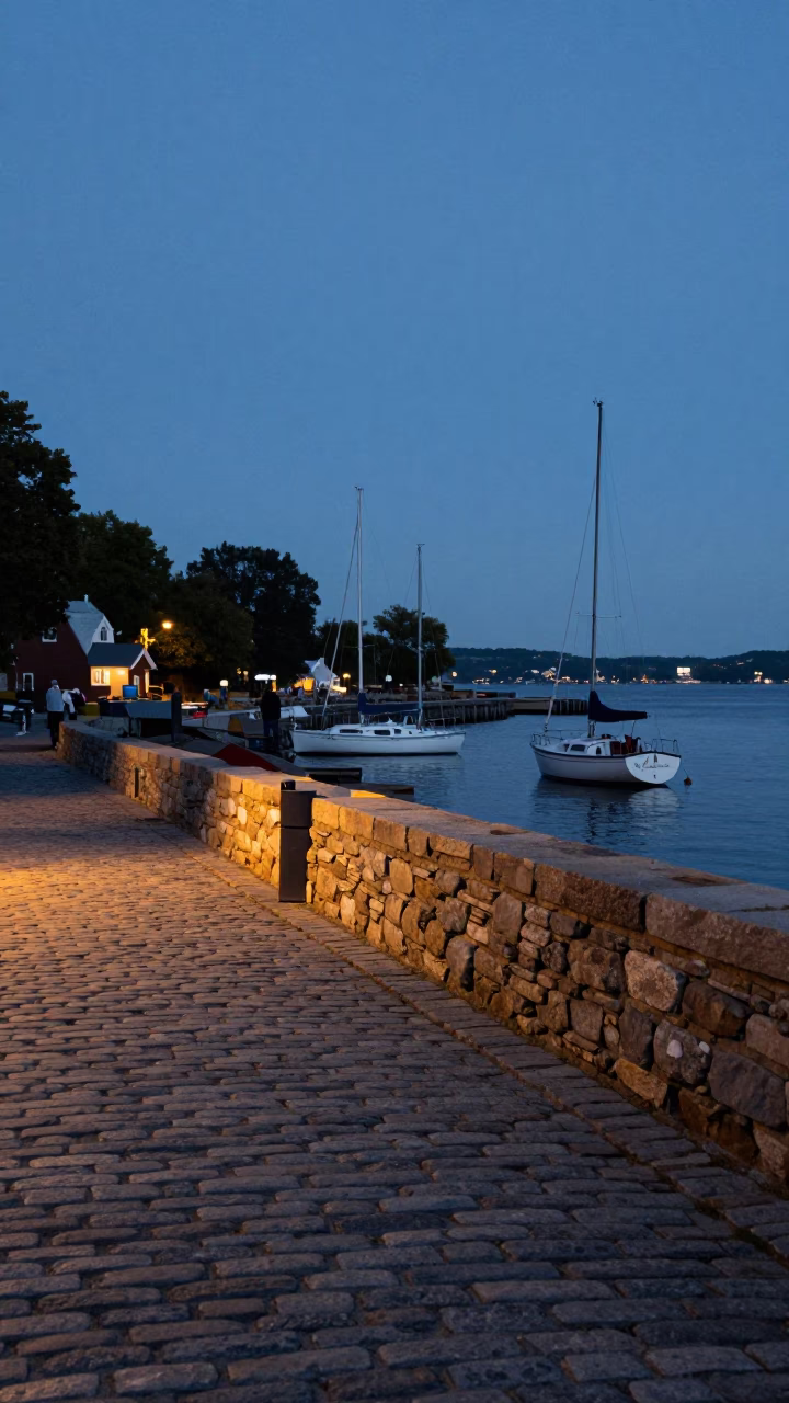 Quebec City Dawn Light on Old Port Cobblestones and Harbor Sails in in Quebec City, Quebec, Canada