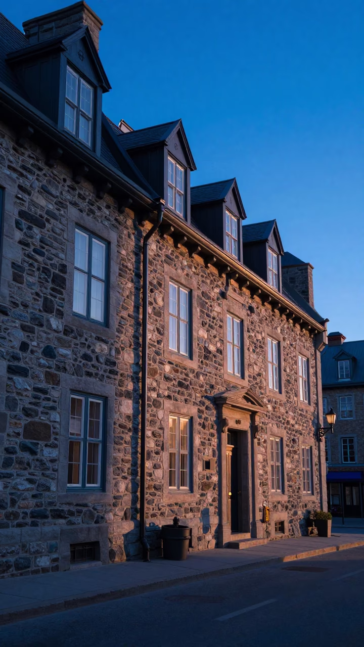 Quebec City Dawn Light on Stone Facades Before Sunrise in in Quebec City, Quebec, Canada