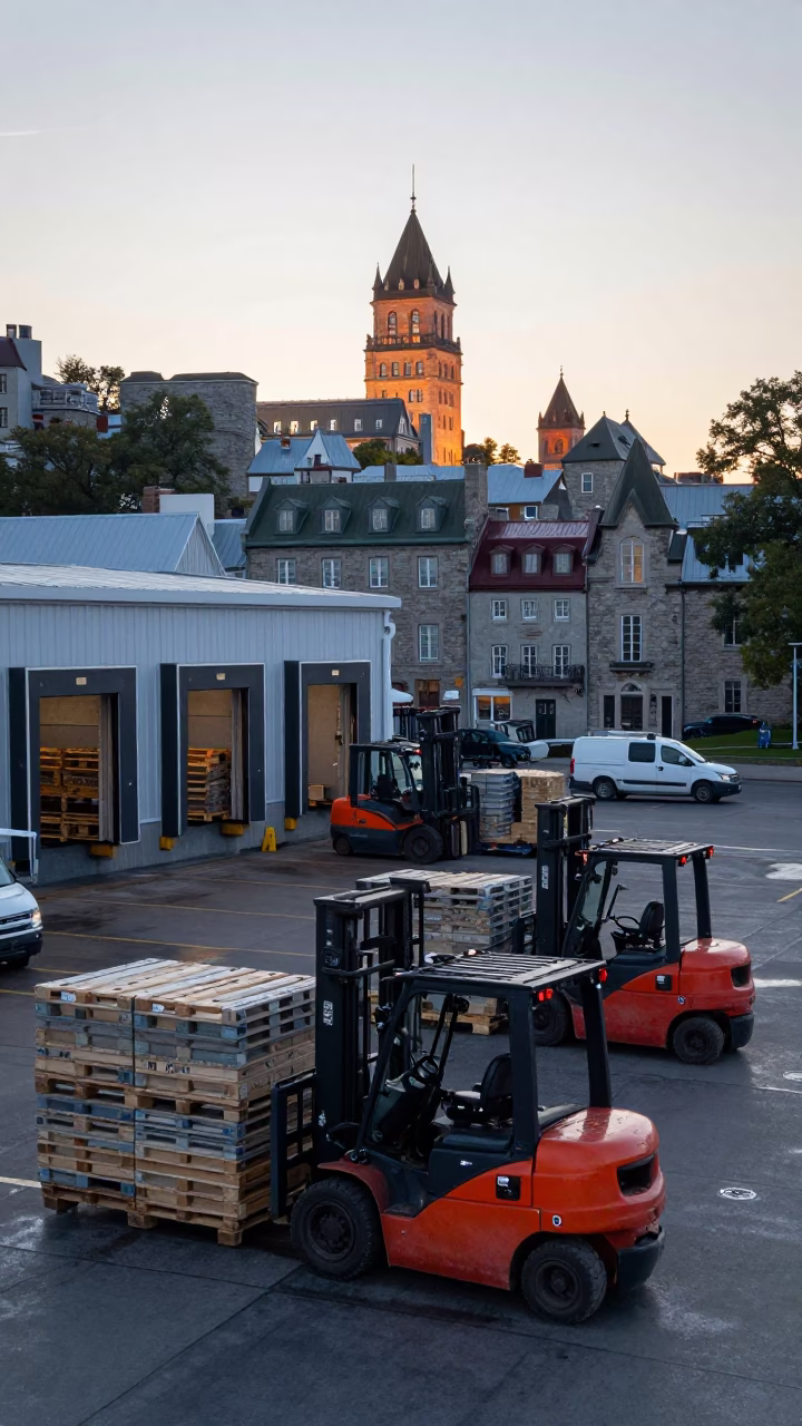 Quebec City Dawn Loading Dock Activity with Forklifts and Pallets at Sunrise in in Quebec City, Quebec, Canada
