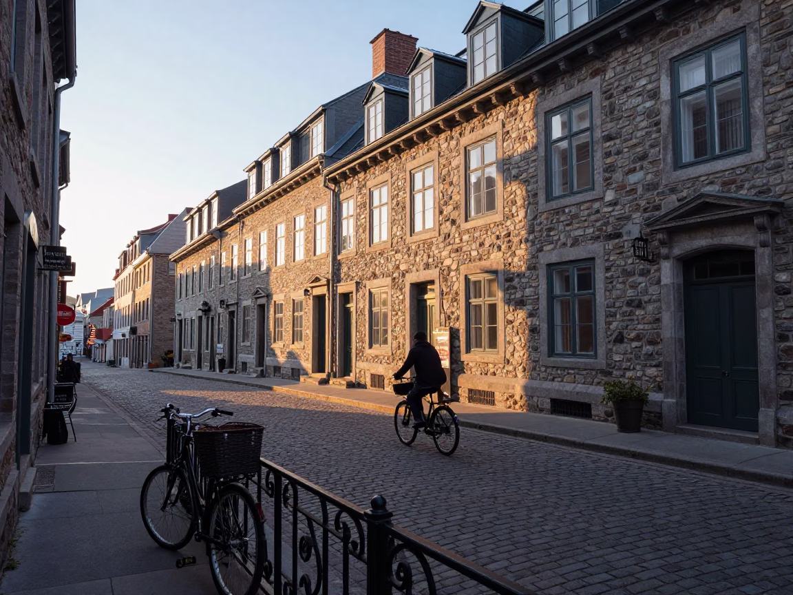 Quebec City Dawn Street Scene with Bicycle Basket and Urban Architecture in in Quebec City, Quebec, Canada