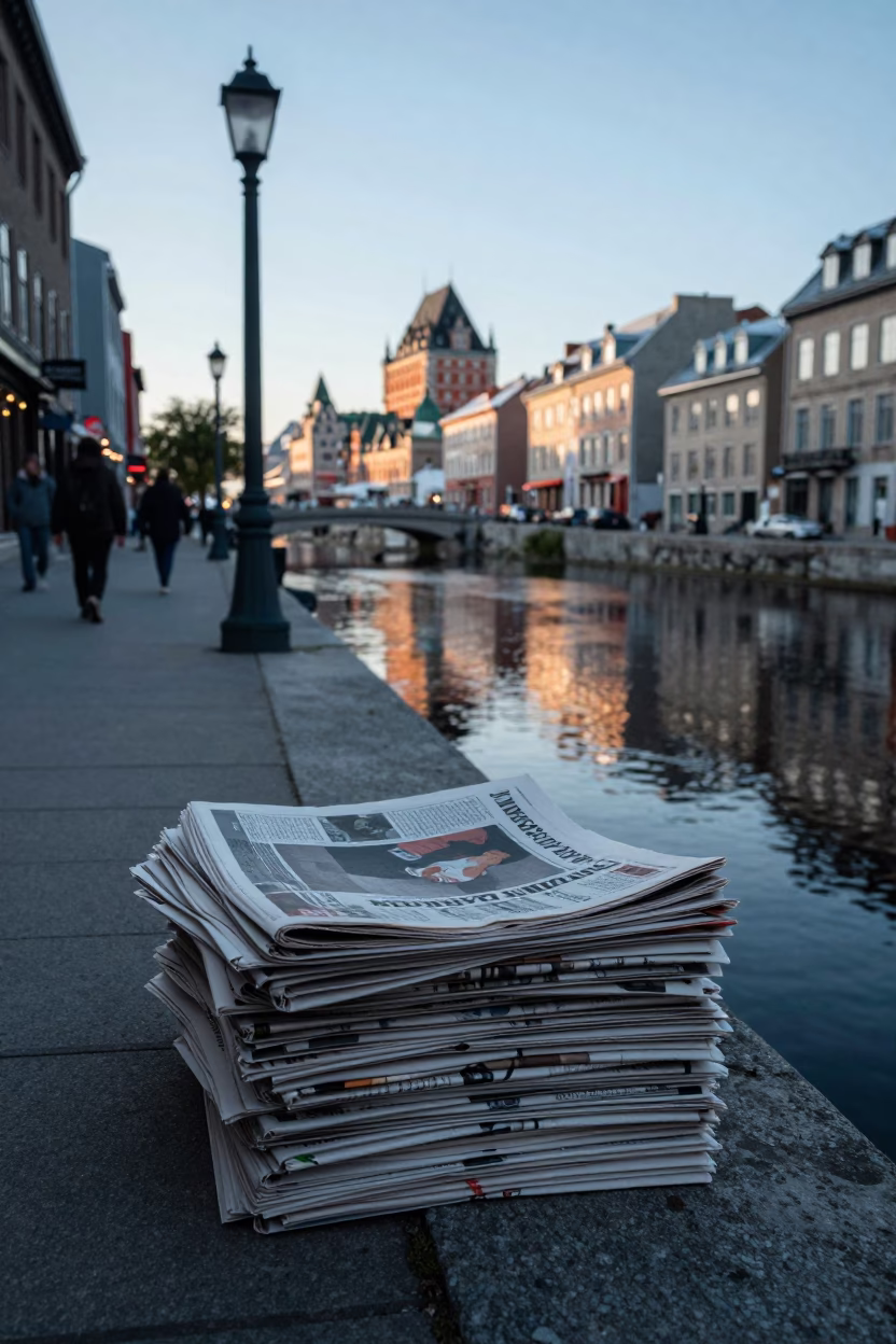 Quebec City Dawn Street Scene with Newspaper Stack and Canal Lock Gate in in Quebec City, Quebec, Canada