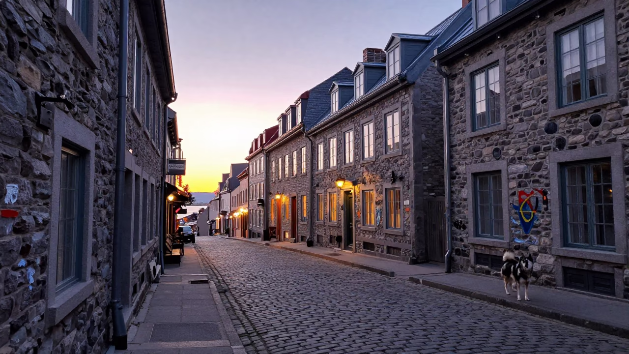 Quebec City Dawn Street Scene with Paint Flecks and Husky in in Quebec City, Quebec, Canada