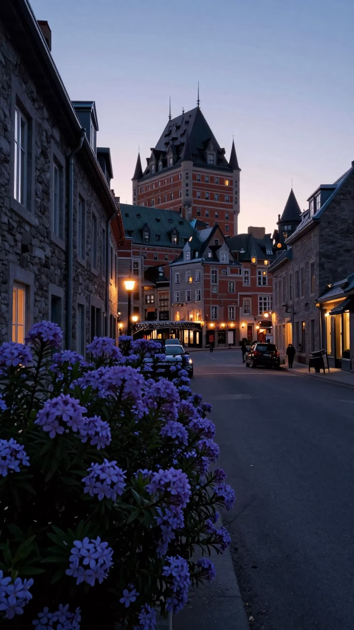 Quebec City Dawn Street Scene with Plumbago Hedge and Bridge Pier in in Quebec City, Quebec, Canada
