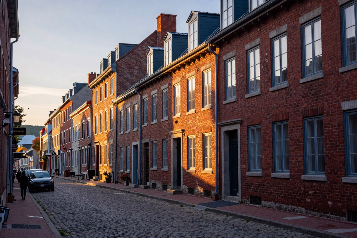 Quebec City Dawn Street Scene with Red Brick Architecture and Morning Light in in Quebec City, Quebec, Canada