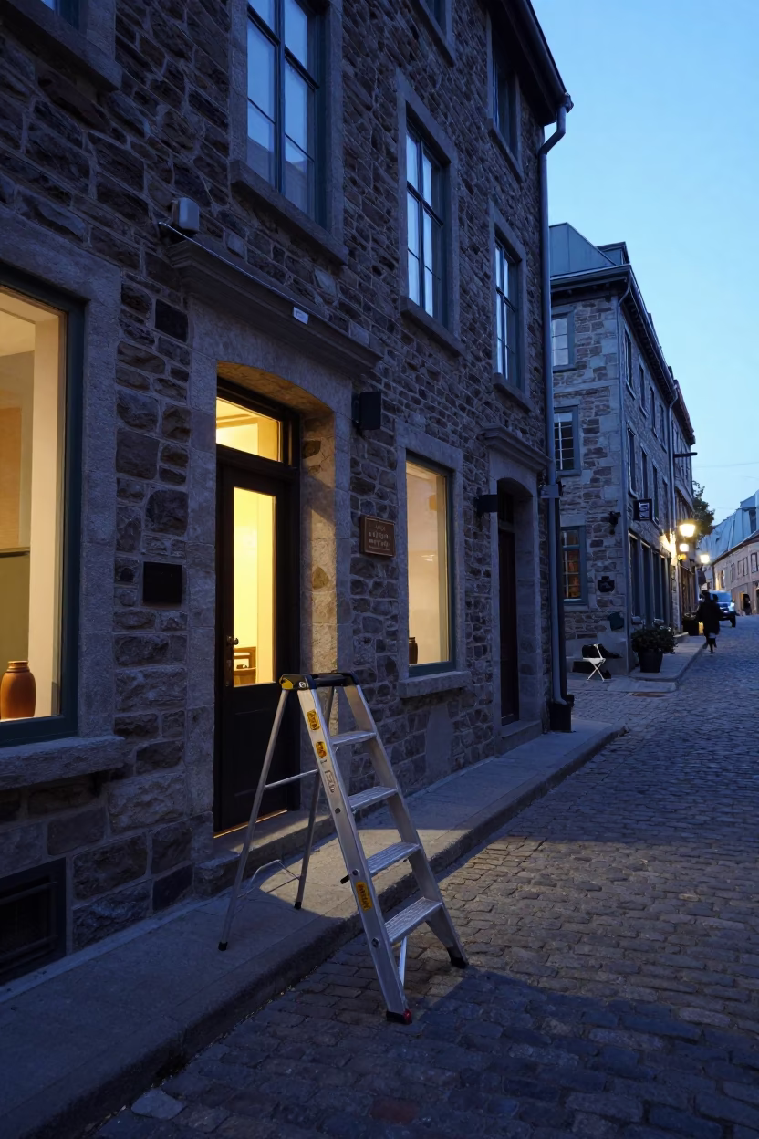 Quebec City Dawn Street Scene with Step Ladder and Urban Details in in Quebec City, Quebec, Canada
