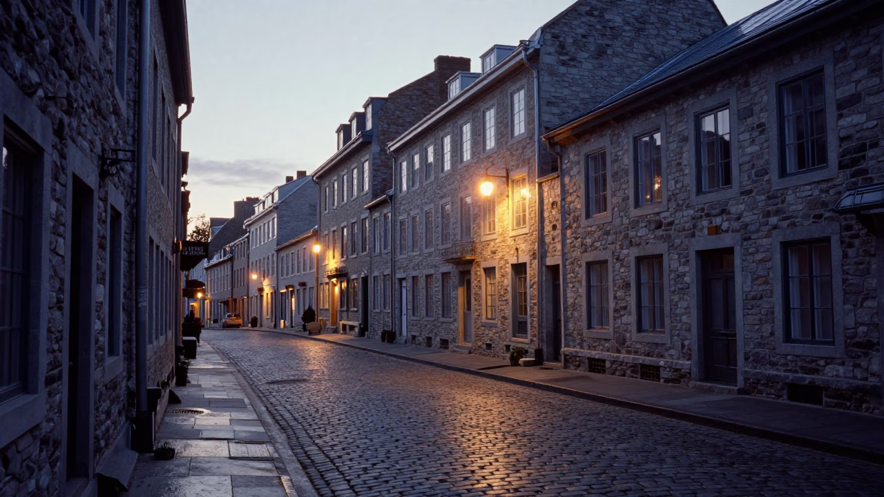 Quebec City Dawn Street Scene with Stone Facades and Early Morning Light in in Quebec City, Quebec, Canada