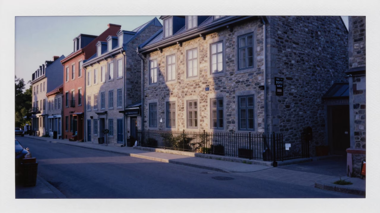 Quebec City Dawn Street Scene with Substation Fence and Urban Architecture in in Quebec City, Quebec, Canada