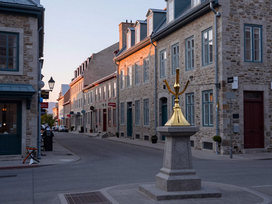 Quebec City Dawn Street Scene with Sundial and Urban Architecture in in Quebec City, Quebec, Canada