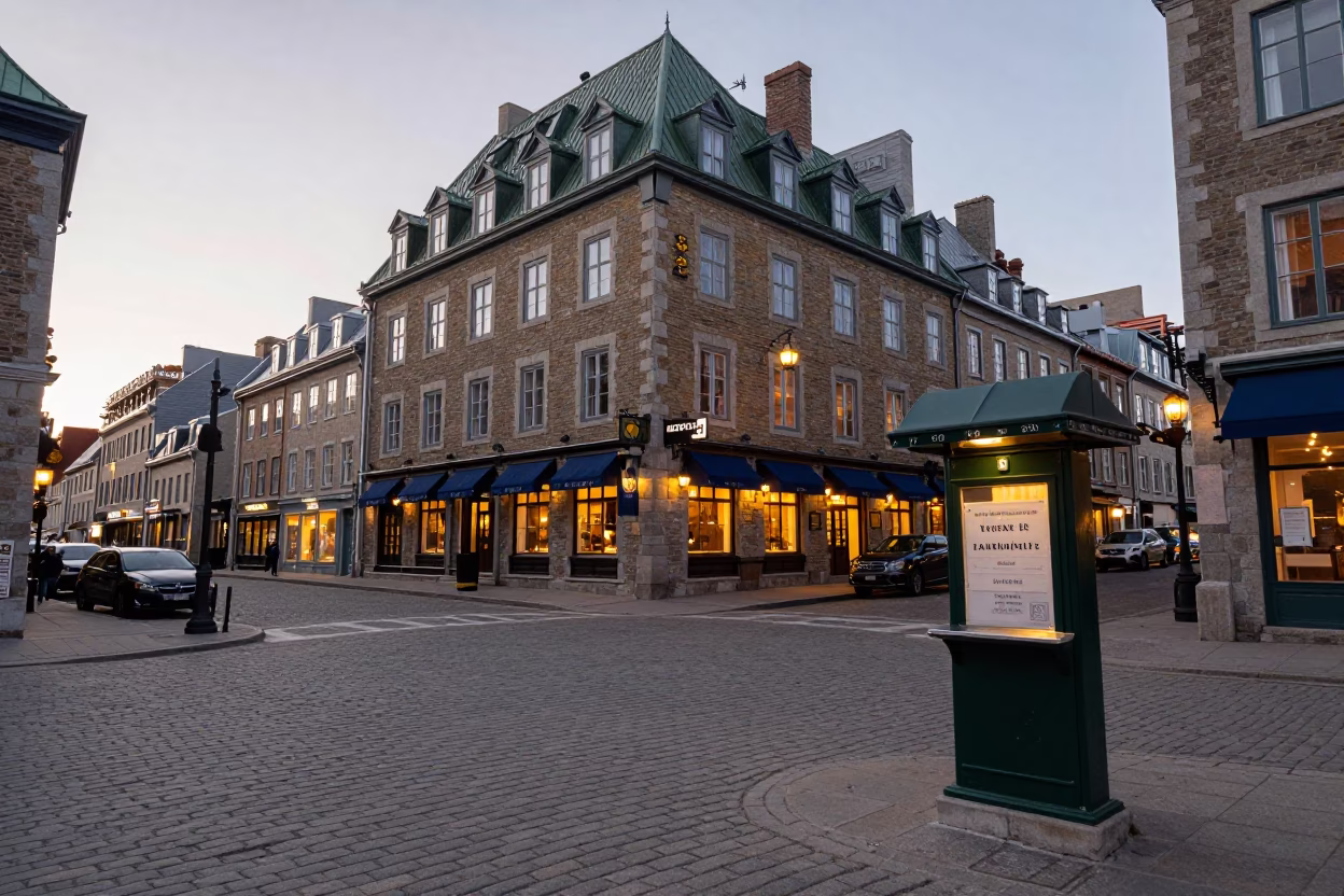 Quebec City Dawn Street Scene with Valet Stand and Hotel Awning Reflections in in Quebec City, Quebec, Canada