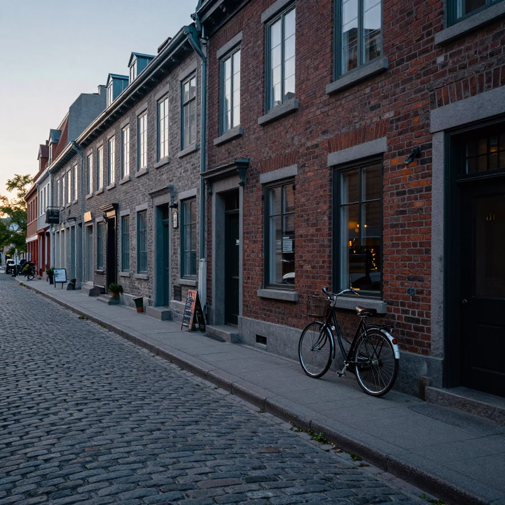 Quebec City Dawn Street Scene with Vintage Bicycle and Park Lake Before Sunrise in in Quebec City, Quebec, Canada