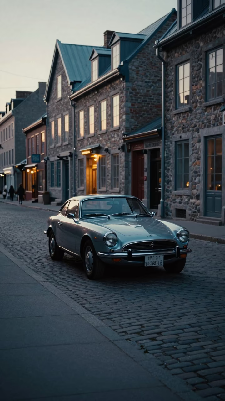 Quebec City Dawn Street Scene with Vintage Car and Brushed Steel Countertop Detail in in Quebec City, Quebec, Canada