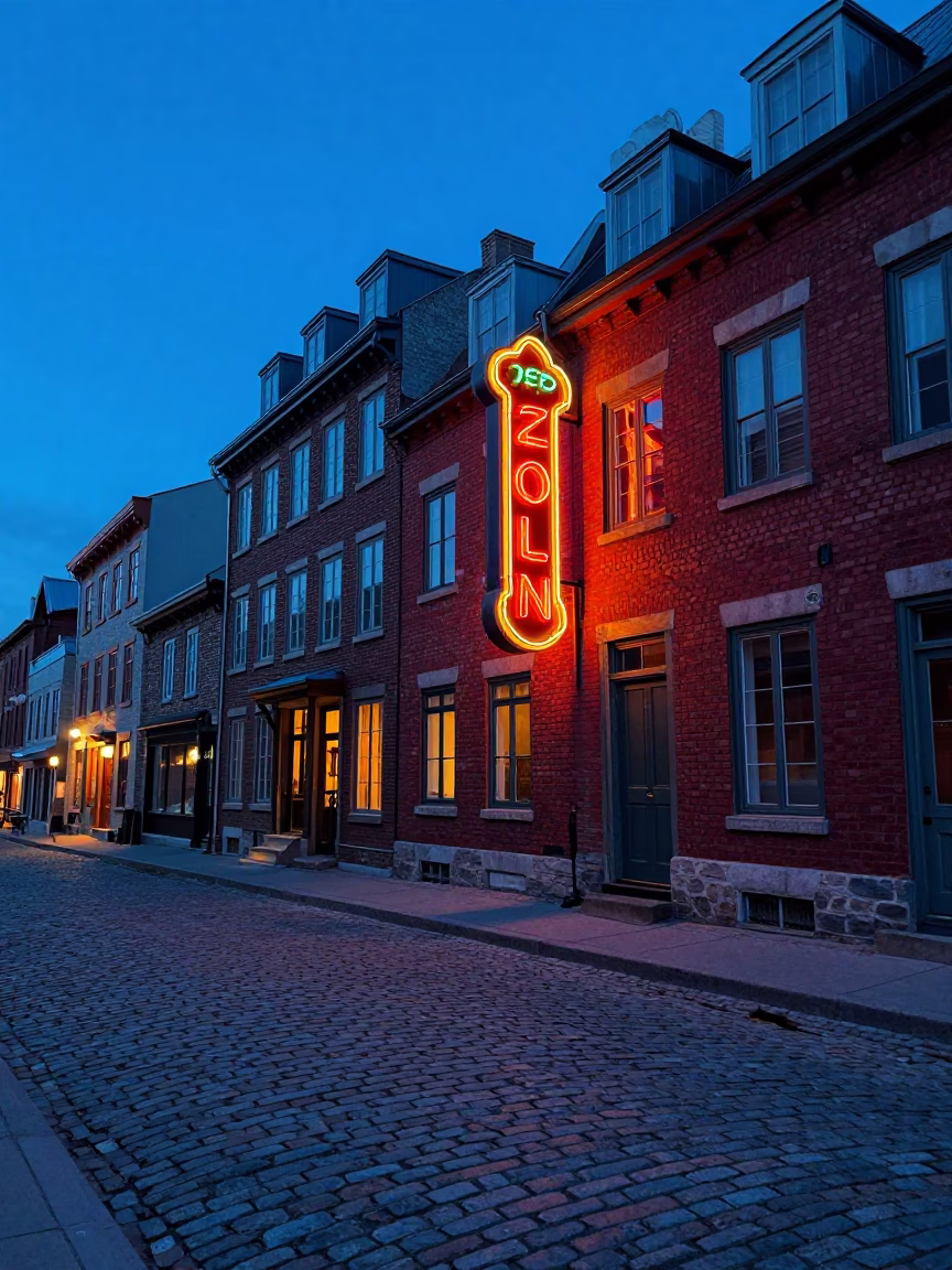 Quebec City Dawn Street Scene with Vintage Neon Sign and Brick Facade in in Quebec City, Quebec, Canada