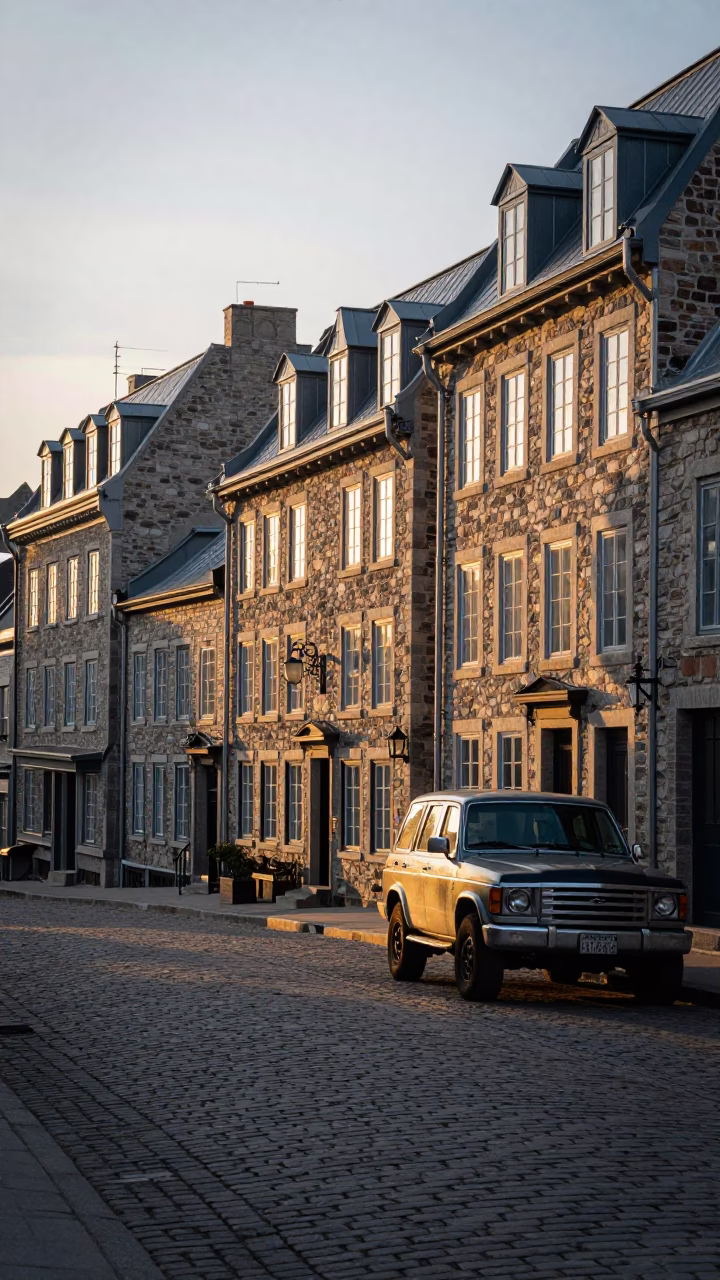 Quebec City Dawn Street Scene with Vintage SUV and Local Architecture in in Quebec City, Quebec, Canada