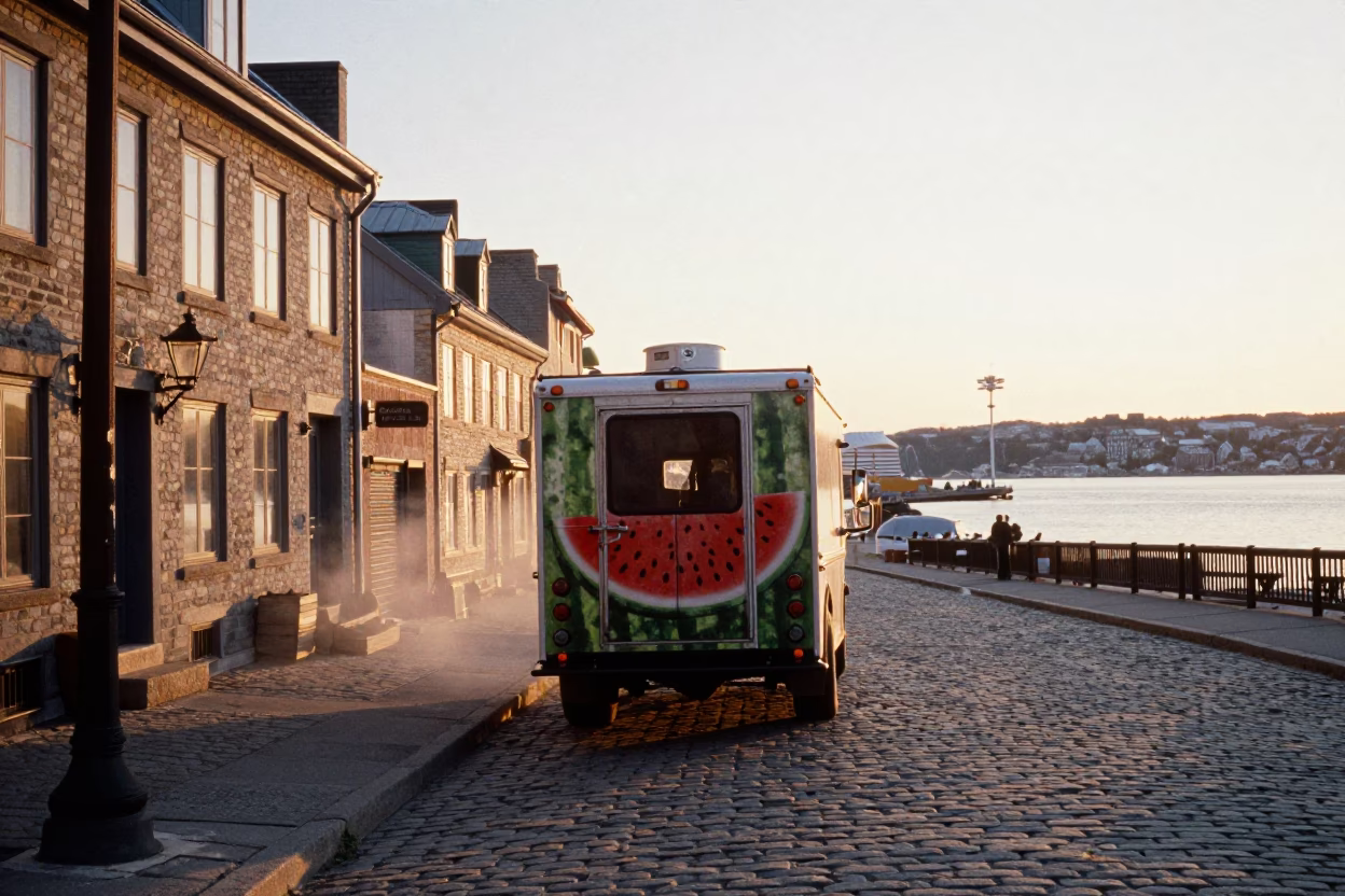 Quebec City Dawn Street Scene with Watermelon Truck and Harbor Breakwater in in Quebec City, Quebec, Canada