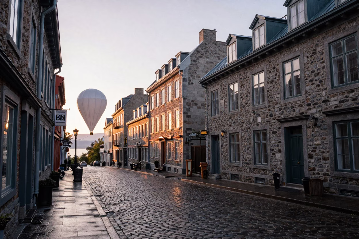 Quebec City Dawn Street Scene with Weather Balloon Tarp and Morning Glory Fence in in Quebec City, Quebec, Canada