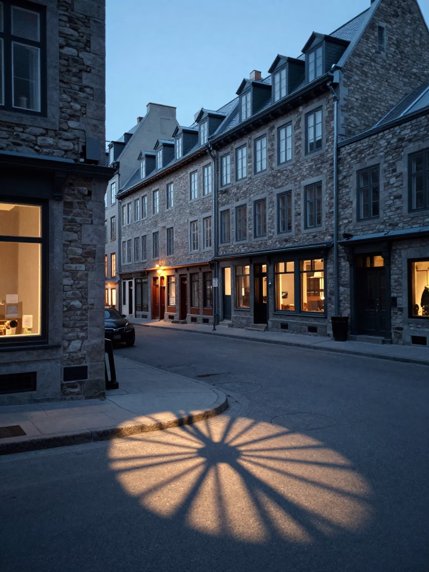 Quebec City Dawn Street Scene with Wicker Shadow and Urban Details in in Quebec City, Quebec, Canada