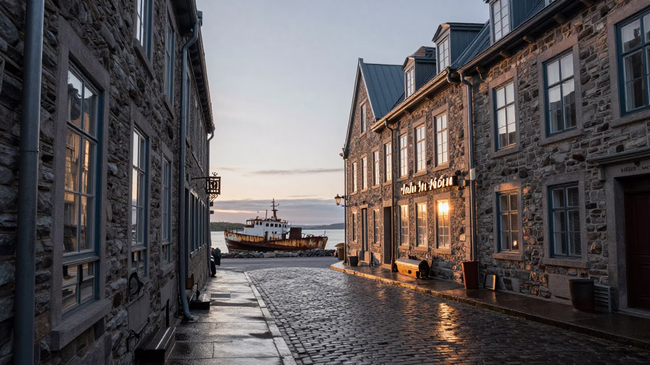 Quebec City Dawn Street Scene with Window Fan and Rusting Ship in in Quebec City, Quebec, Canada