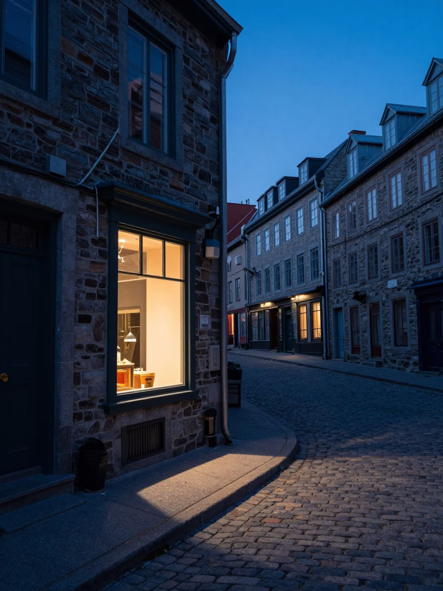 Quebec City Dawn Street Scene with Window Light and Fresh Croissants in in Quebec City, Quebec, Canada