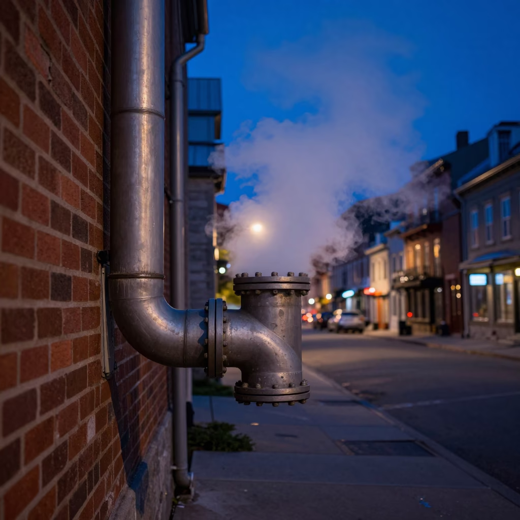 Quebec City District Heating Pipe Steam Rising Against Indigo Twilight Sky in in Quebec City, Quebec, Canada