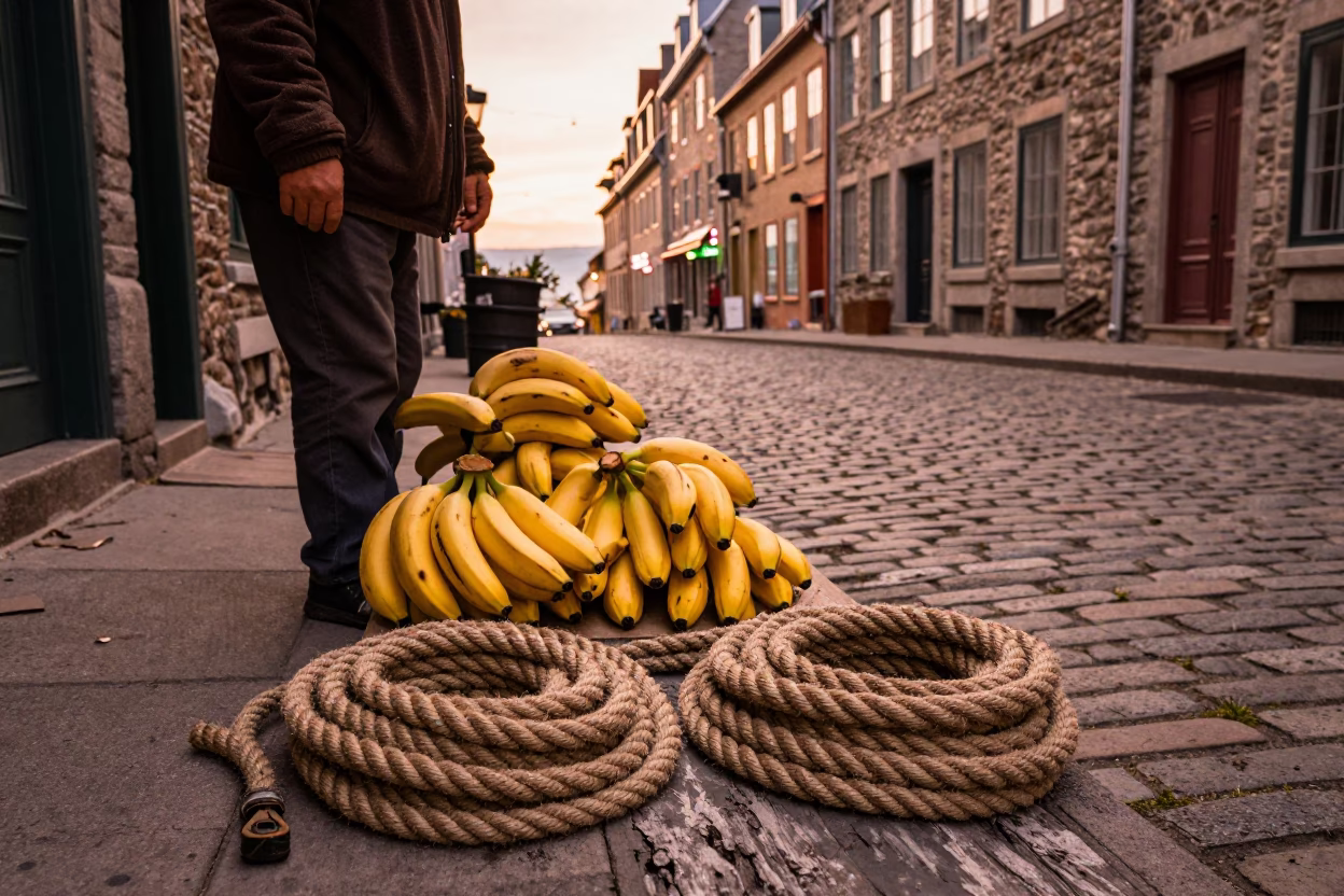 Quebec City Dusk Street Scene with Bananas and Coiled Rope in in Quebec City, Quebec, Canada
