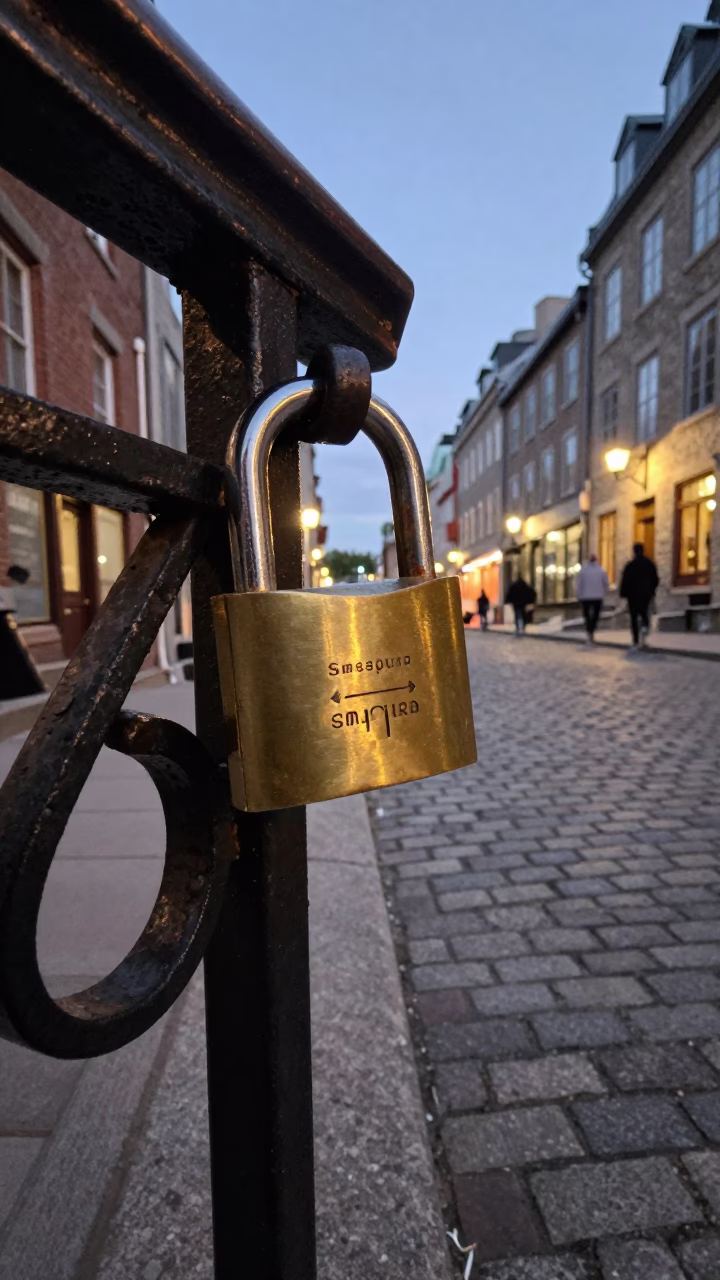 Quebec City Dusk Street Scene with Brass Padlock and Cobblestone Charm in in Quebec City, Quebec, Canada
