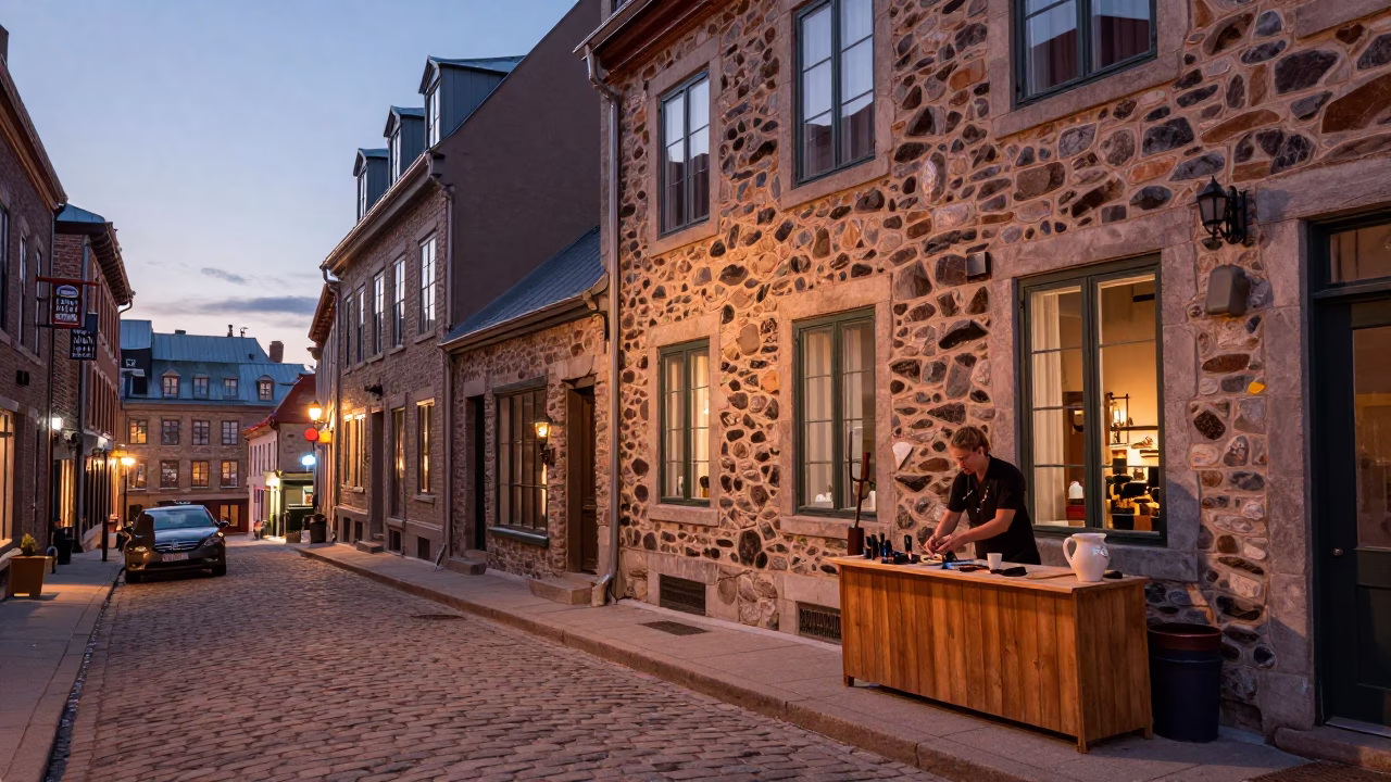Quebec City Dusk Street Scene with Ceramic Cup and Tailor Shears in in Quebec City, Quebec, Canada