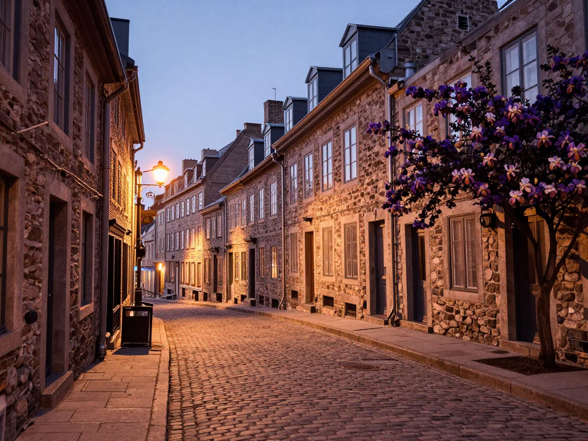 Quebec City Dusk Street Scene with Iris Blossoms and Urban Life in in Quebec City, Quebec, Canada