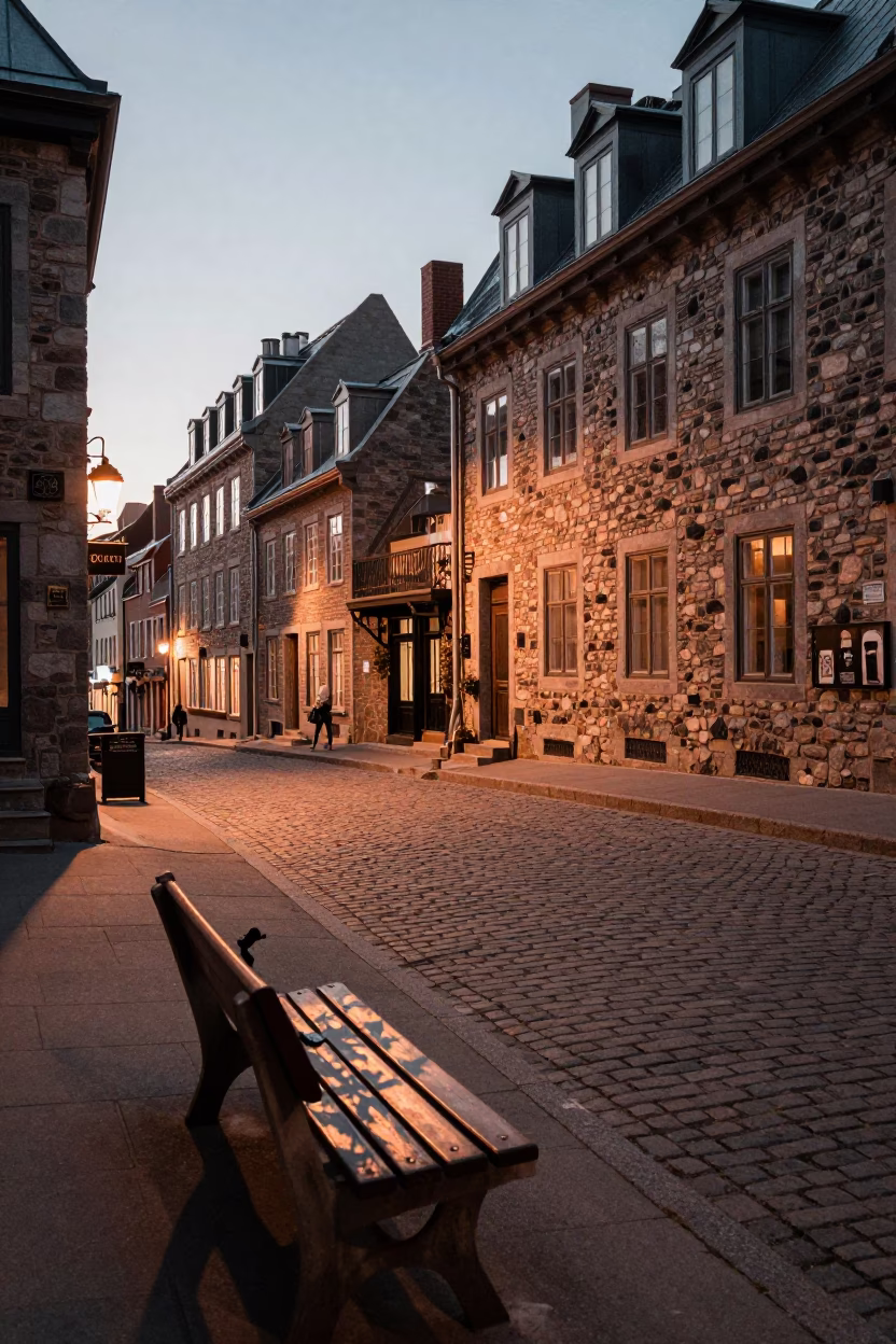 Quebec City Dusk Street Scene with Leaf Shadows on Bench and Urban Architecture in in Quebec City, Quebec, Canada