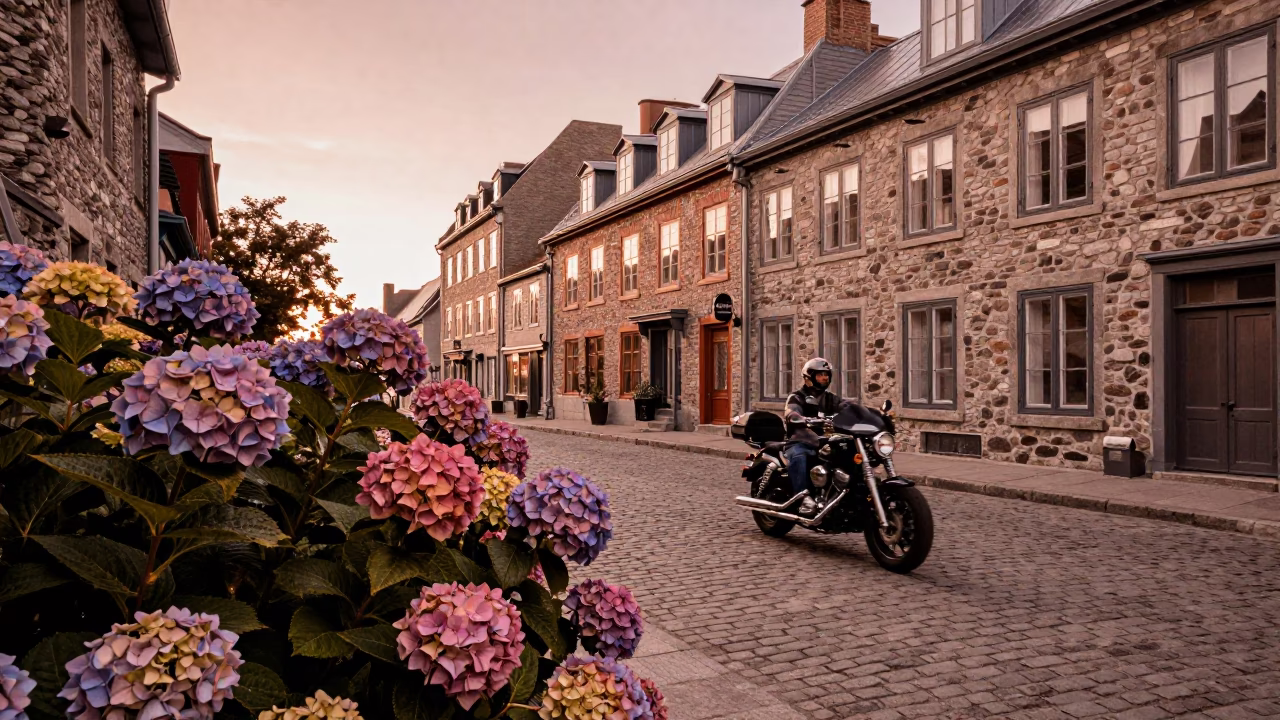 Quebec City Dusk Street Scene with Motorcycle and Hydrangeas in in Quebec City, Quebec, Canada