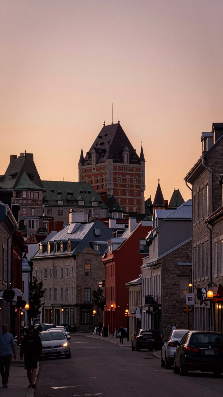 Quebec City Dusk Street Scene with Observatory Silhouette and Colorful Umbrellas in in Quebec City, Quebec, Canada