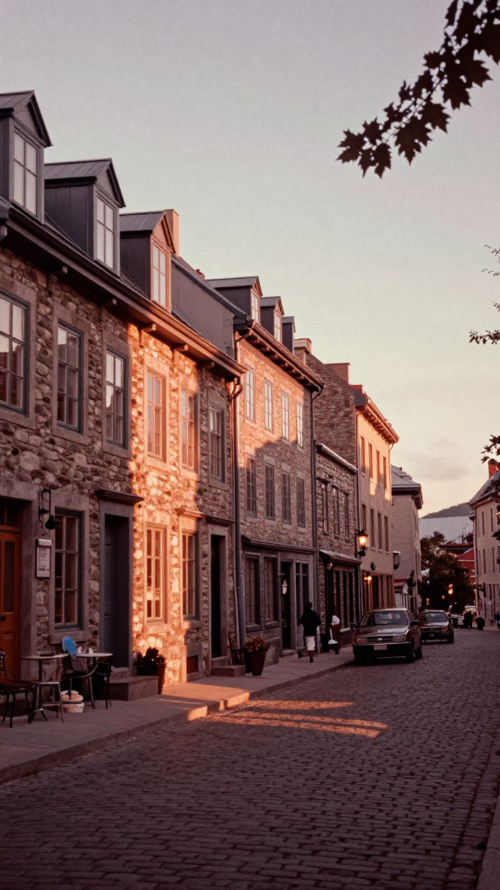 Quebec City Dusk Street Scene with Pastries and Leaf Shadows in in Quebec City, Quebec, Canada