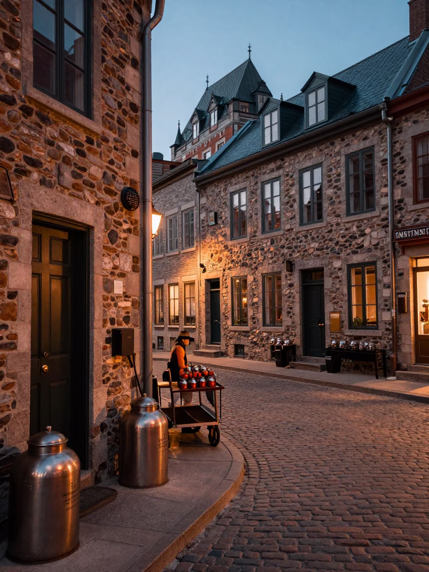 Quebec City Dusk Street Scene with Spice Jars and Metal Bucket in in Quebec City, Quebec, Canada