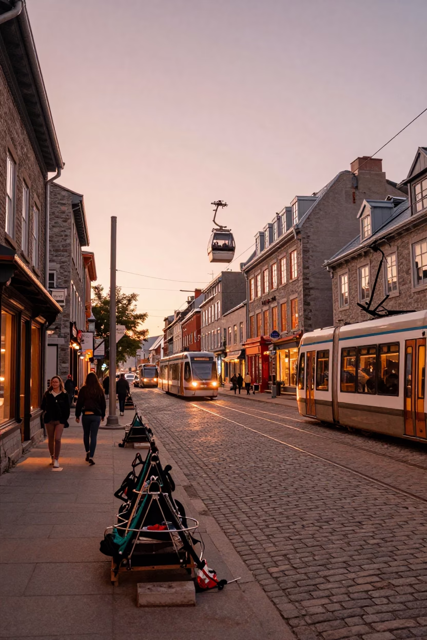 Quebec City Dusk Street Scene with Tramway and Fishing Gear in in Quebec City, Quebec, Canada