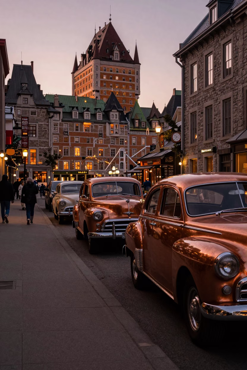 Quebec City Dusk Street Scene with Vintage Cars and Stone Architecture in in Quebec City, Quebec, Canada