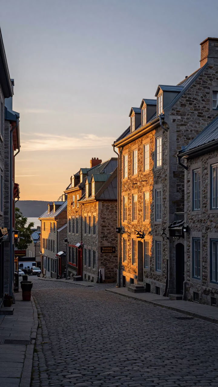 Quebec City Dusk View of Old Port Historic Stone Buildings and Riverfront in in Quebec City, Quebec, Canada