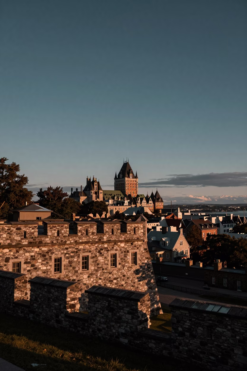 Quebec City Dusk View of Old Town Stone Walls and Copper Sky in in Quebec City, Quebec, Canada