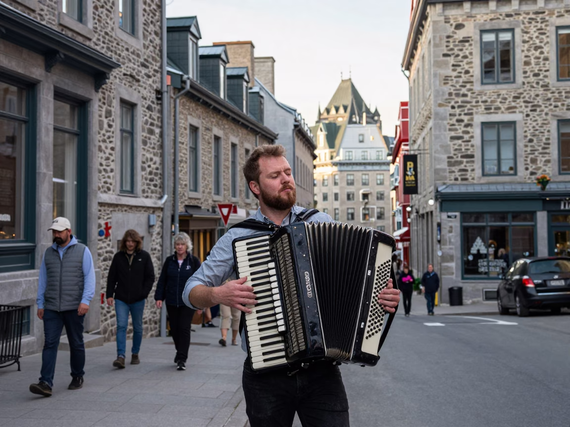 Quebec City Early Afternoon Street Scene with Accordion Player and Stone Architecture in in Quebec City, Quebec, Canada