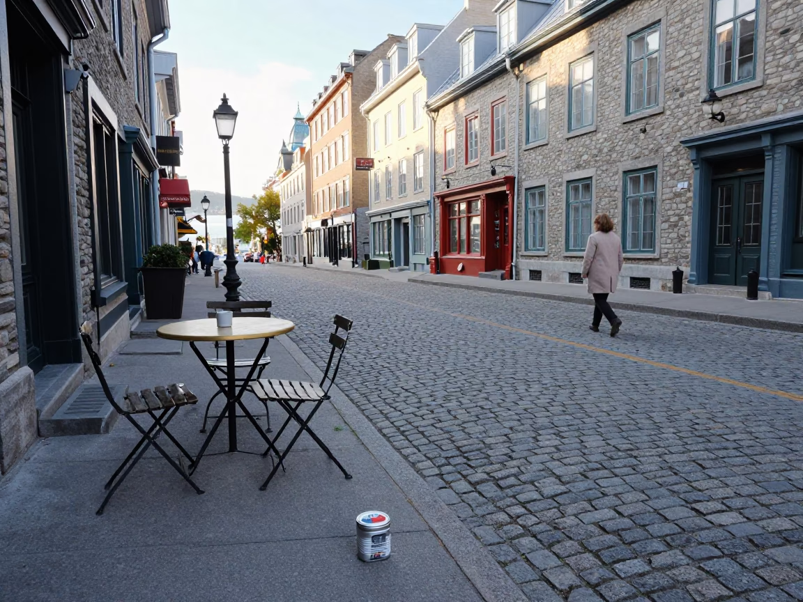 Quebec City Early Afternoon Street Scene with Coffee Tin and Urban Details in in Quebec City, Quebec, Canada