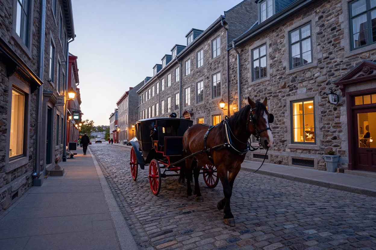 Quebec City Early Evening Cobblestone Street Scene with Horse-Drawn Cart and Tourists in in Quebec City, Quebec, Canada