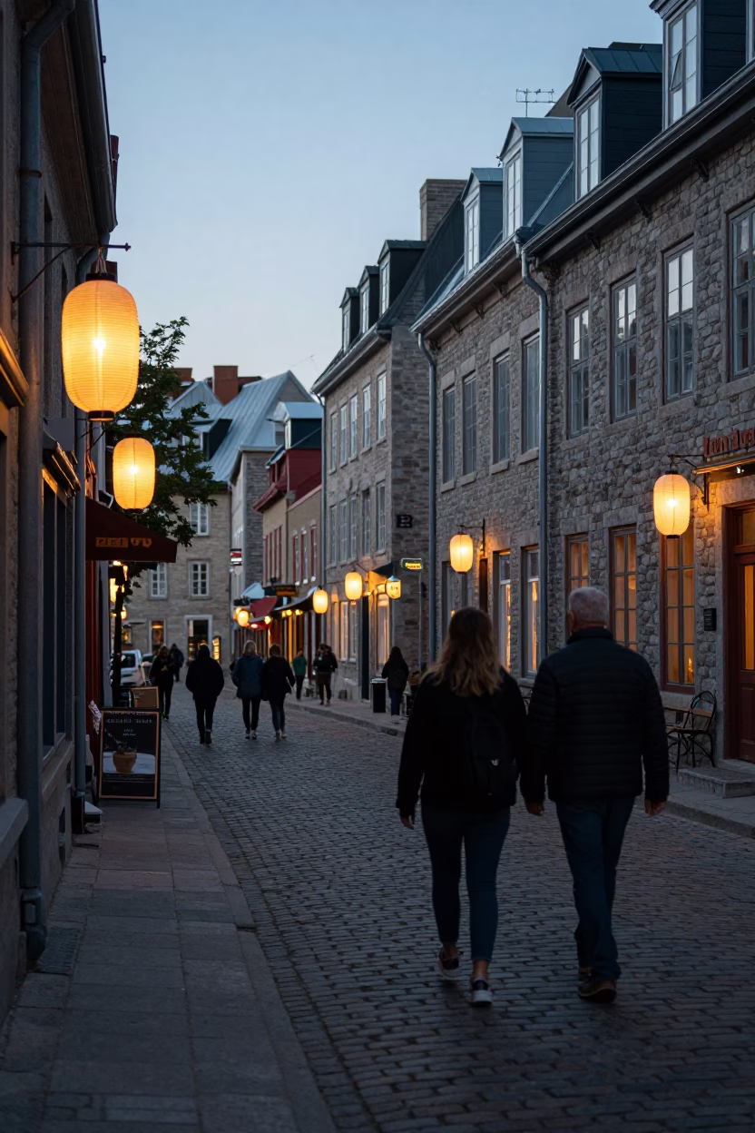 Quebec City Early Evening Street Scene with Paper Lantern and Glass Jar in in Quebec City, Quebec, Canada
