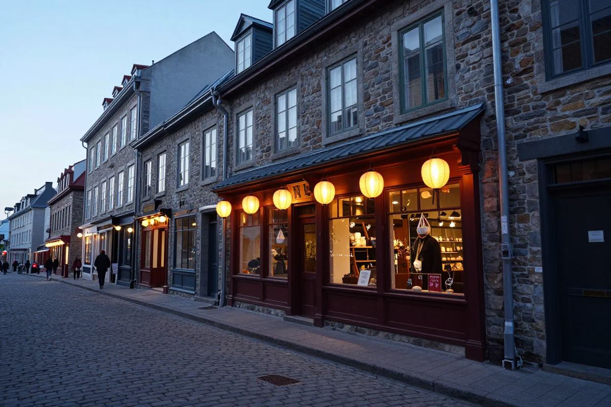 Quebec City Early Evening Street Scene with Paper Lanterns and Brick Architecture in in Quebec City, Quebec, Canada
