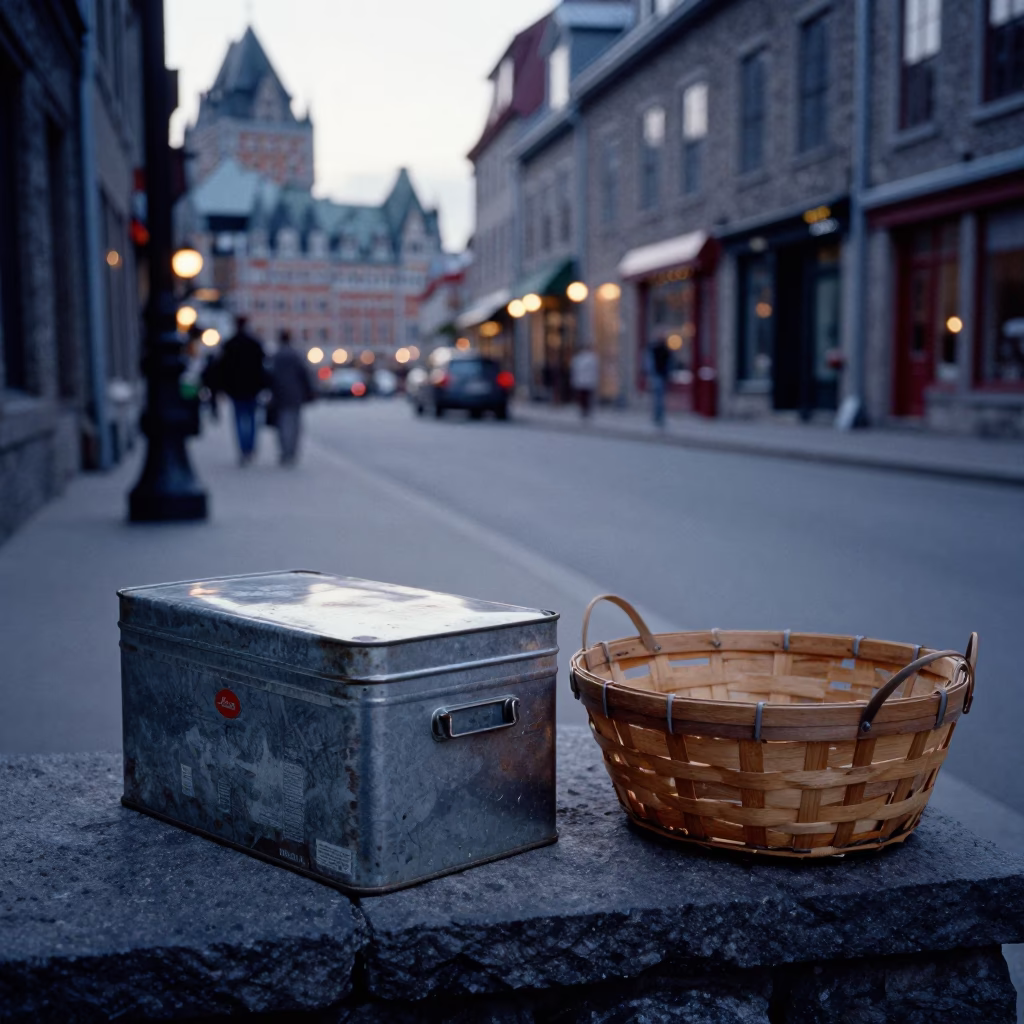 Quebec City Early Evening Street Scene with Tin Box and Peg Basket in in Quebec City, Quebec, Canada