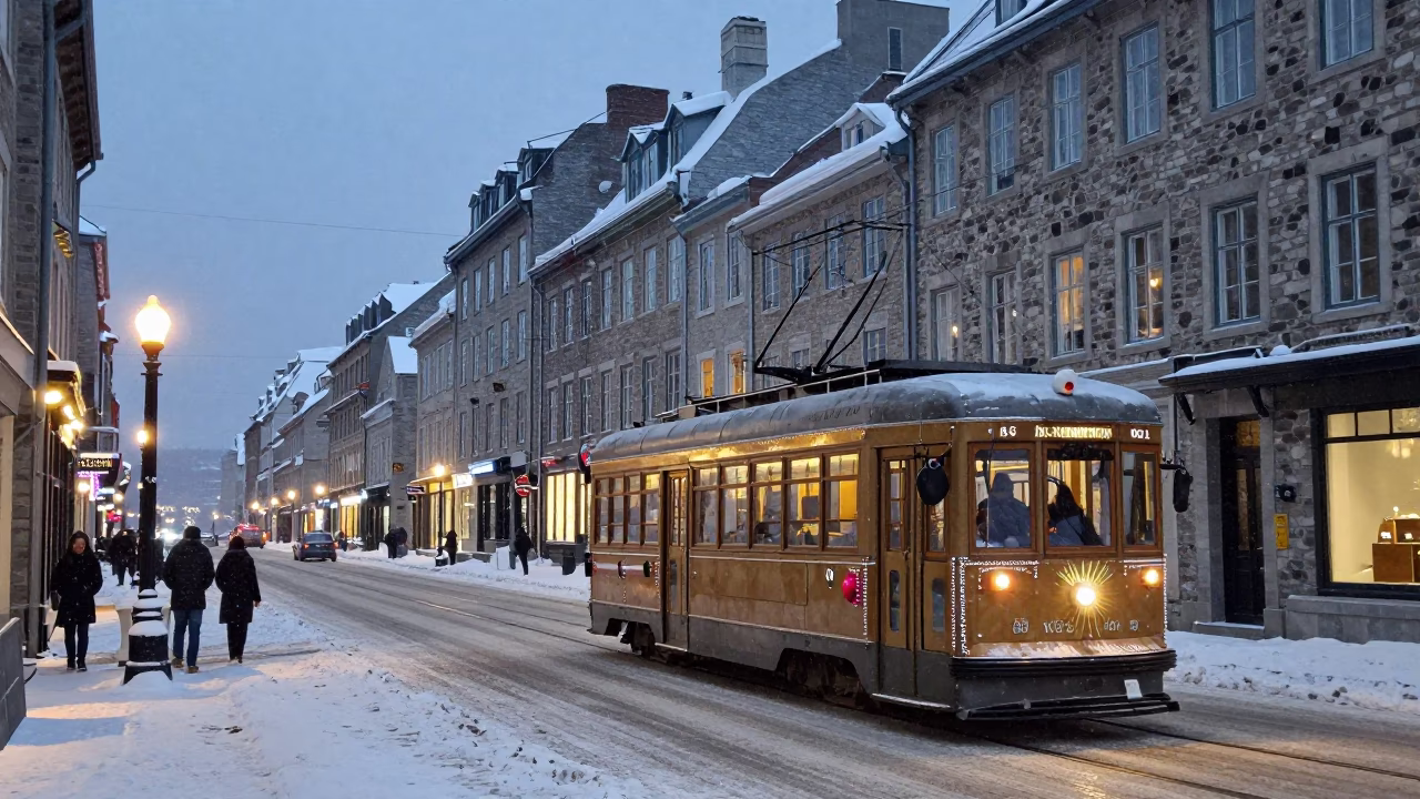 Quebec City Early Evening Street Scene with Tramcar and Snow in in Quebec City, Quebec, Canada
