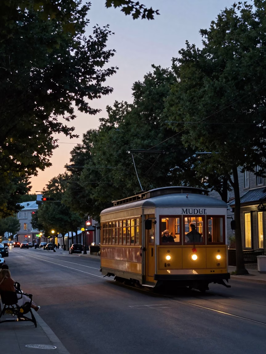 Quebec City Early Evening Tramcar Traveling Down Tree-Lined Boulevard in Historic District in in Quebec City, Quebec, Canada