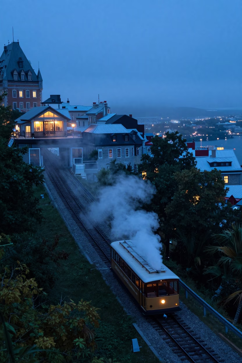Quebec City Evening Blue Hour Aerial Tramway Foggy Mountain Valley Scene in in Quebec City, Quebec, Canada