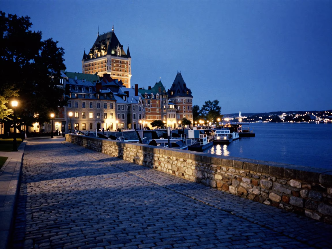 Quebec City Evening Blue Hour St Lawrence River Harbor View in in Quebec City, Quebec, Canada