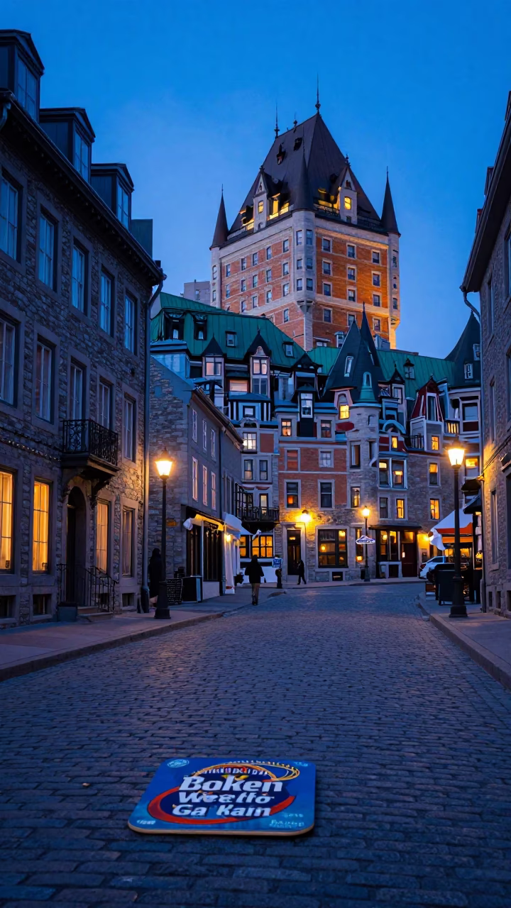 Quebec City Evening Blue Hour Street Scene with Coaster and Hand Tool in in Quebec City, Quebec, Canada