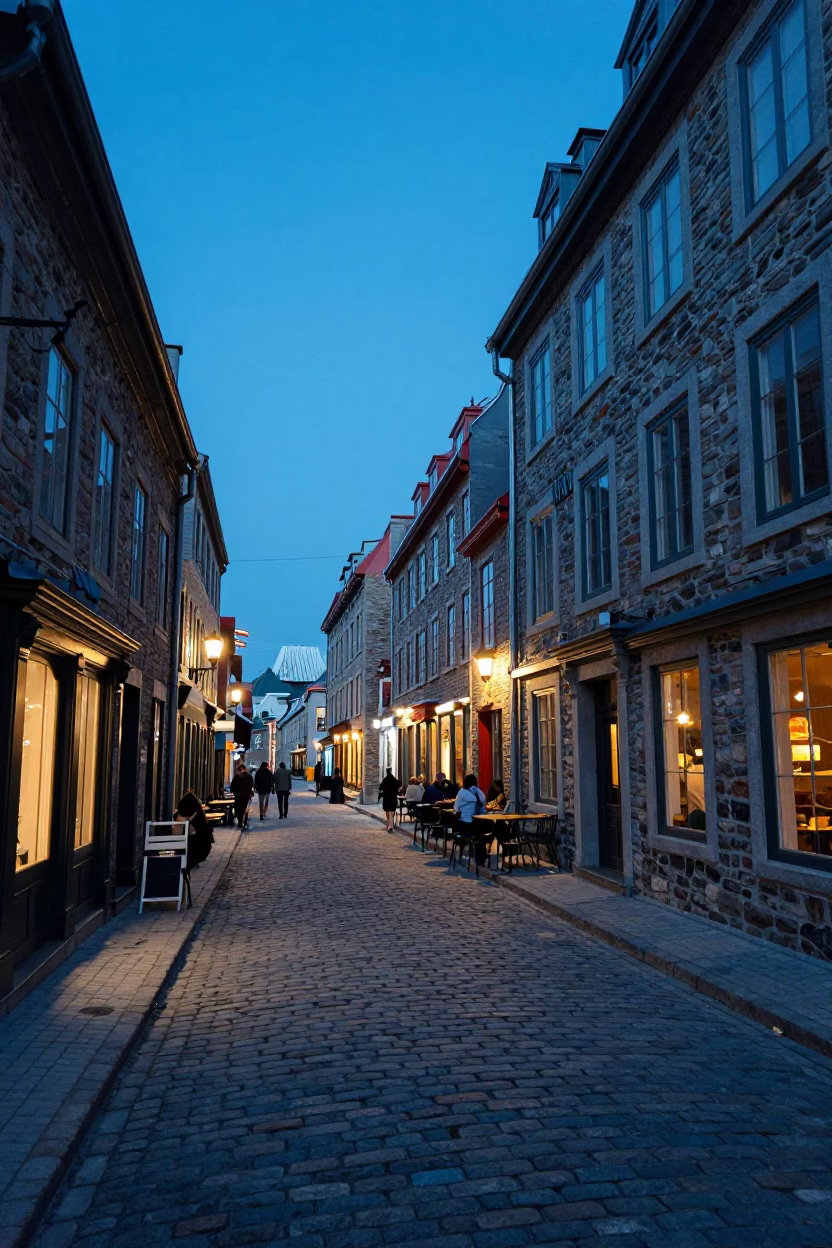 Quebec City Evening Blue Hour Street Scene with Local Dining and Logistics in in Quebec City, Quebec, Canada